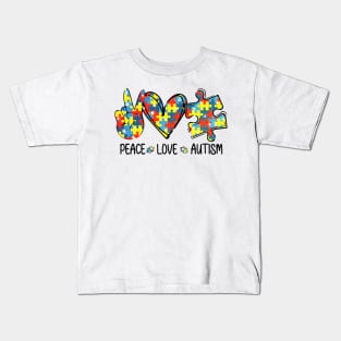 Awesome Autism Awareness Shirt Peace Love Autism Puzzle Pieces Shirt Kids T-Shirt